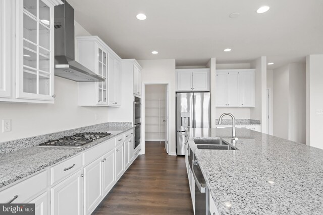 635 Corbit Dr, Middletown, DE 19709 - kitchen with wall chimney range hood, a sink, appliances with stainless steel finishes, white cabinetry, and recessed lighting