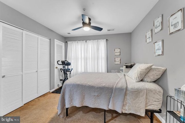 carpeted bedroom featuring ceiling fan