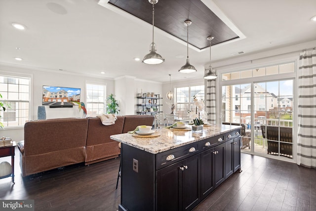 kitchen featuring hanging light fixtures, light stone counters, dark hardwood / wood-style floors, crown molding, and a kitchen island