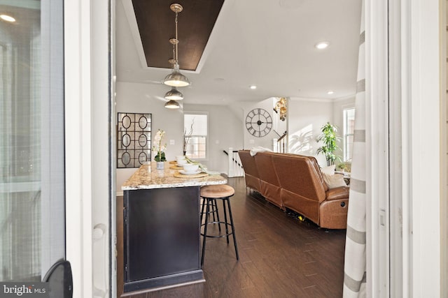 kitchen featuring a breakfast bar, a healthy amount of sunlight, hanging light fixtures, and dark wood-type flooring