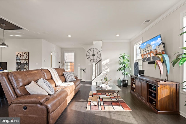 living room featuring dark hardwood / wood-style floors and ornamental molding