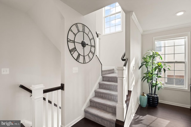 stairs featuring wood-type flooring and ornamental molding