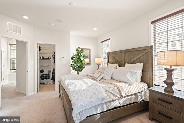 bedroom with a closet, a spacious closet, light carpet, and multiple windows