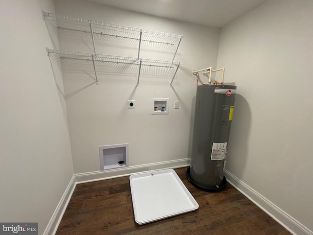 clothes washing area featuring hookup for an electric dryer, washer hookup, dark hardwood / wood-style flooring, and water heater