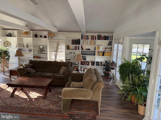 living room featuring beamed ceiling, dark hardwood / wood-style floors, and ceiling fan