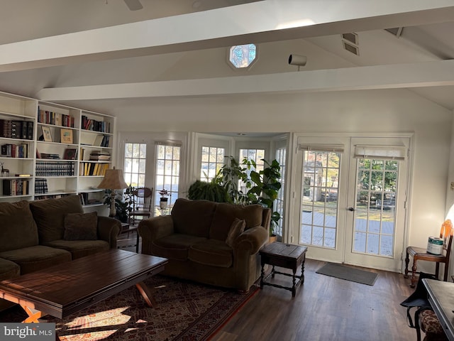 living room with vaulted ceiling with beams and dark hardwood / wood-style flooring