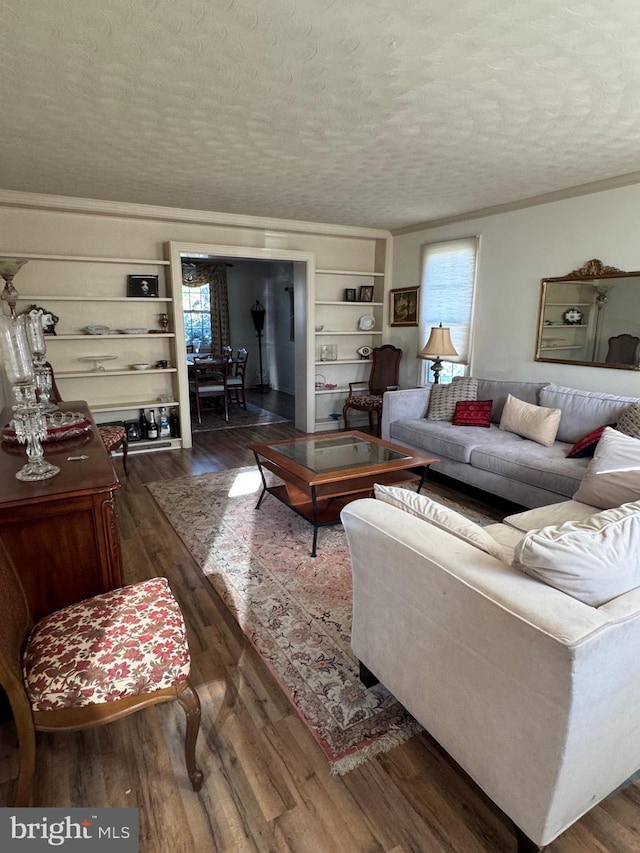 living room featuring dark hardwood / wood-style flooring and a textured ceiling