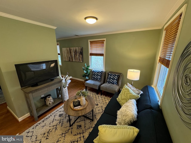 living room featuring hardwood / wood-style floors and ornamental molding