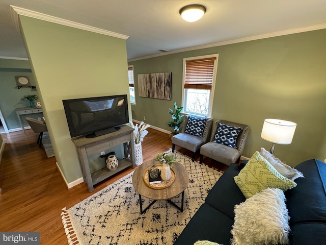 living room with ornamental molding and hardwood / wood-style flooring