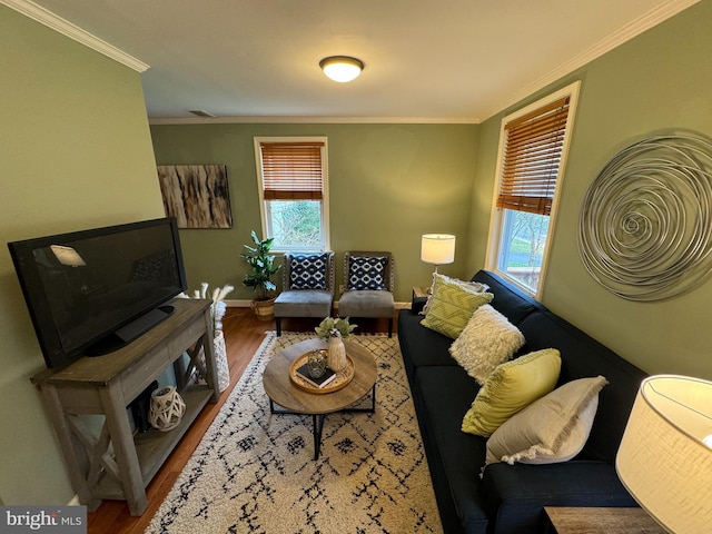 living room featuring wood-type flooring and ornamental molding