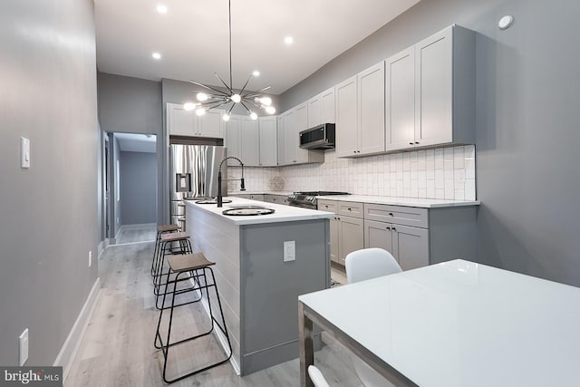 kitchen featuring stainless steel appliances, a breakfast bar, an island with sink, and decorative backsplash