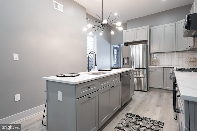 kitchen featuring stainless steel appliances, sink, a center island with sink, and gray cabinets