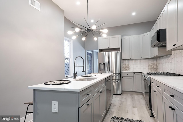 kitchen featuring sink, appliances with stainless steel finishes, gray cabinets, an island with sink, and decorative backsplash