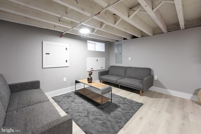 living room with wood-type flooring and electric panel