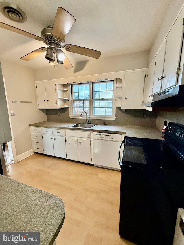 kitchen with dishwasher, black electric range oven, light carpet, sink, and white cabinetry