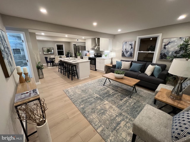 living room featuring light wood-type flooring and sink