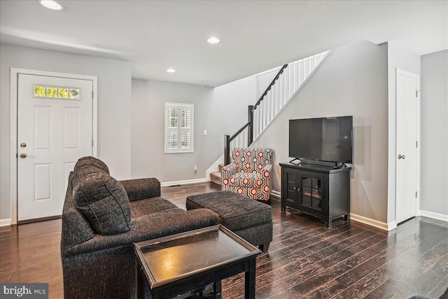 living room featuring dark wood-type flooring