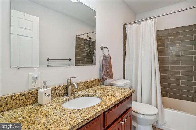 full bathroom with vanity, toilet, and shower / bathtub combination with curtain