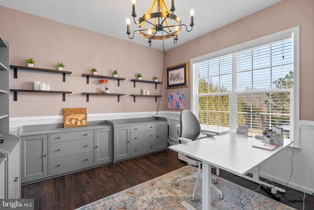 6616 Osborne Hill Dr, Upper Marlboro, MD 20772 - home office with a chandelier, dark wood-type flooring, and a wainscoted wall
