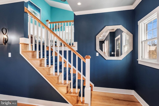 11 W Muriel, Long Beach Township, NJ 08008 - stairs with plenty of natural light, wood finished floors, recessed lighting, and crown molding