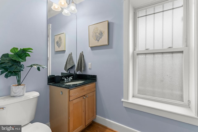 bathroom with vanity, toilet, and wood-type flooring