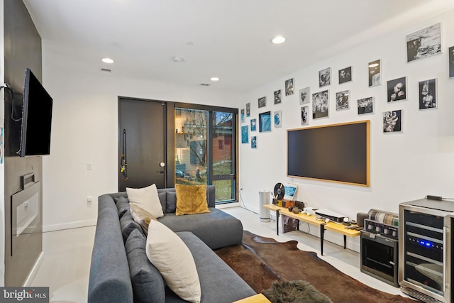 living room with beverage cooler