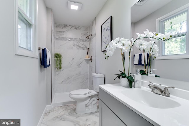 full bathroom featuring toilet, vanity, baseboards, marble finish floor, and a marble finish shower