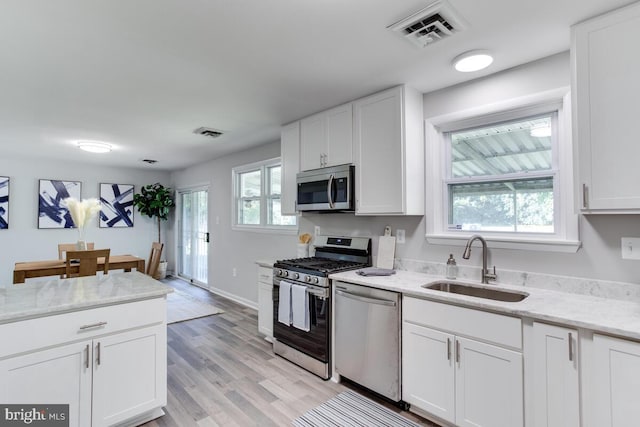 kitchen featuring appliances with stainless steel finishes, a sink, visible vents, and white cabinets