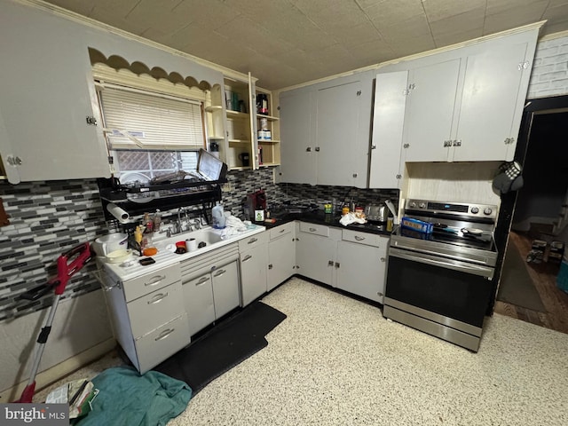 kitchen with electric range, sink, backsplash, crown molding, and white cabinets