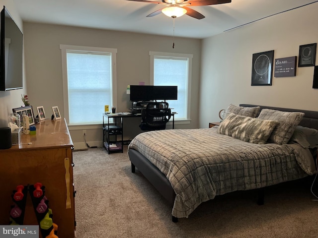 carpeted bedroom with multiple windows and ceiling fan