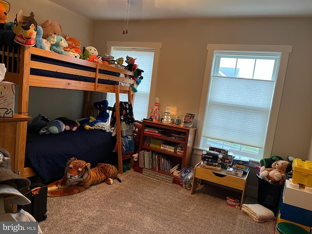 carpeted bedroom with multiple windows