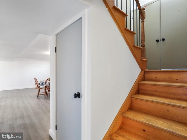 stairway with hardwood / wood-style floors