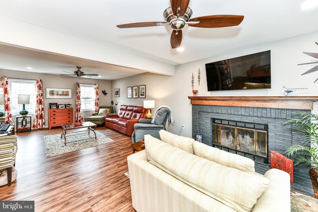 living room with a fireplace and hardwood / wood-style floors