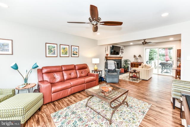 living room with ceiling fan and light hardwood / wood-style floors