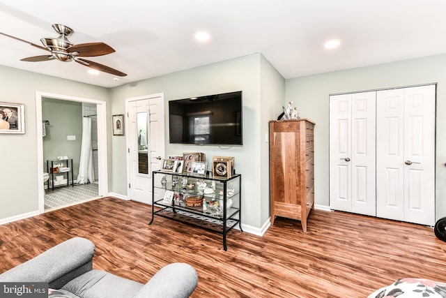 living room with hardwood / wood-style floors and ceiling fan