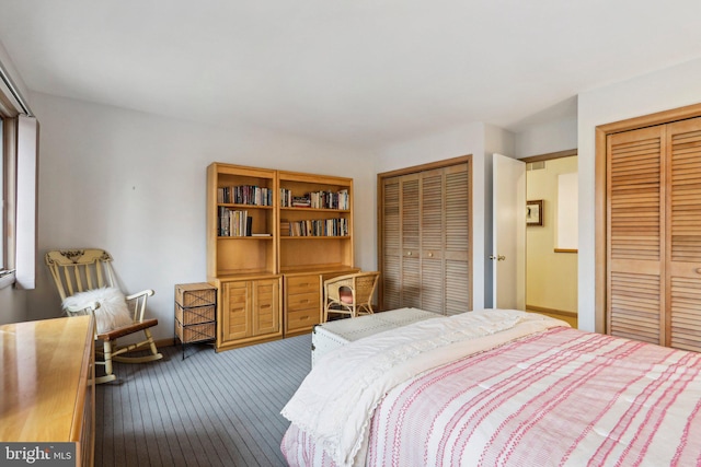 carpeted bedroom with two closets