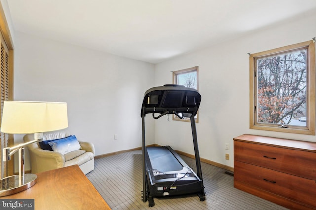 exercise room featuring light carpet