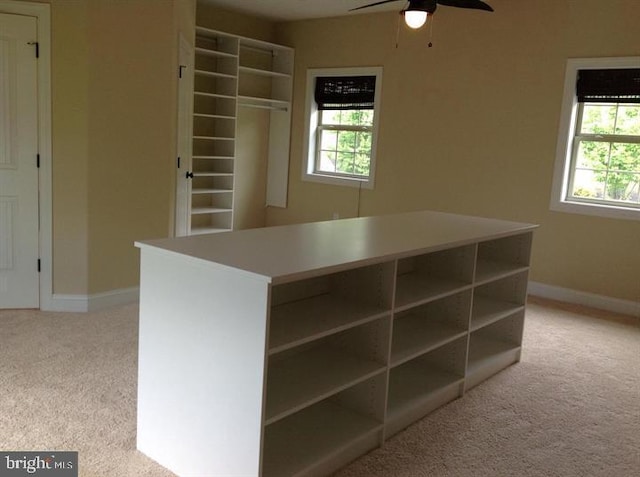 walk in closet with ceiling fan and light carpet