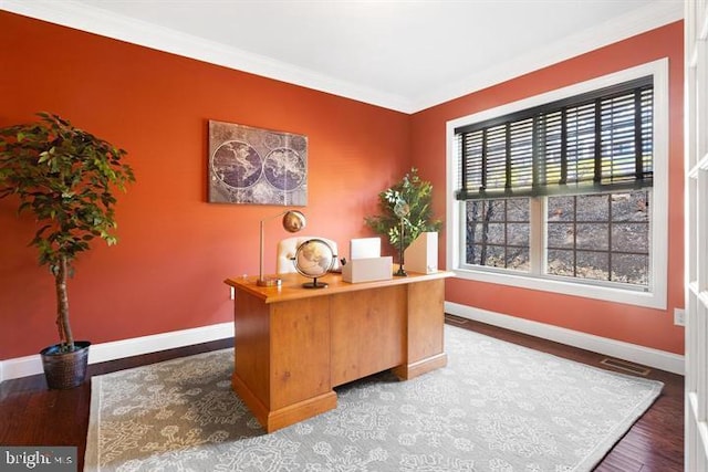 office featuring ornamental molding and hardwood / wood-style floors