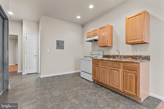 kitchen with white range with electric stovetop, electric panel, sink, and light brown cabinets