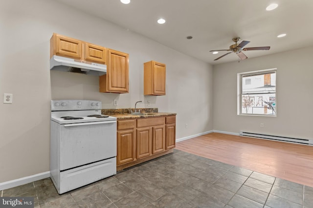 kitchen with ceiling fan, sink, baseboard heating, dark hardwood / wood-style floors, and electric stove