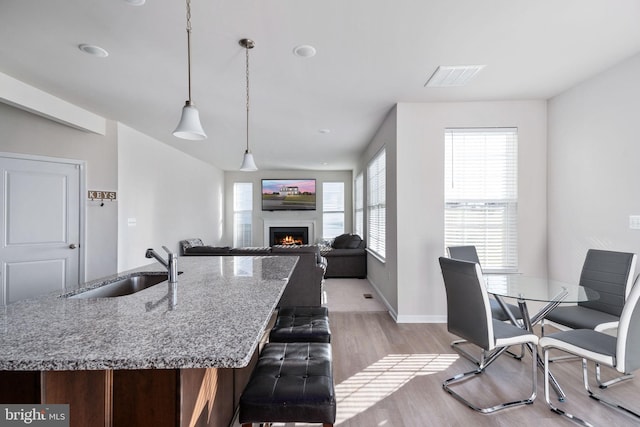 kitchen featuring light stone countertops, pendant lighting, light hardwood / wood-style floors, and sink