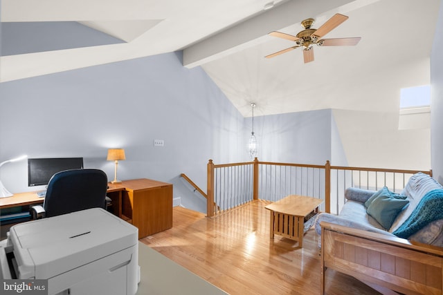 office featuring lofted ceiling with beams, light hardwood / wood-style floors, and ceiling fan