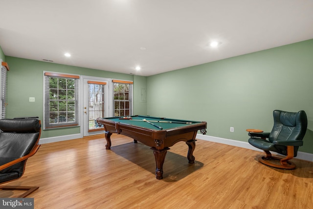 playroom featuring billiards and light hardwood / wood-style flooring