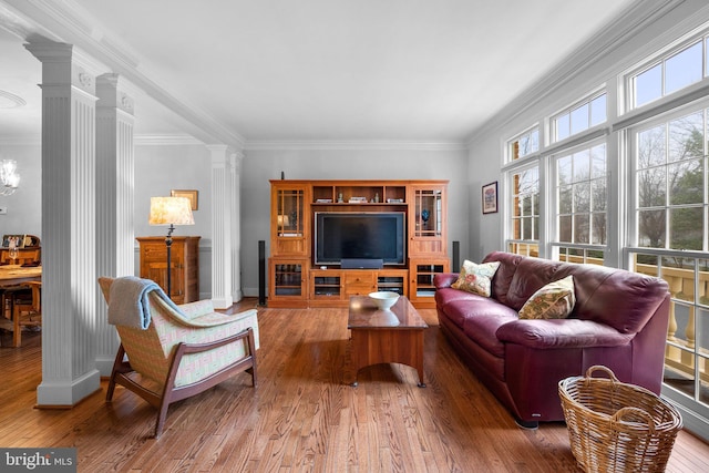 living room featuring decorative columns, crown molding, and hardwood / wood-style floors