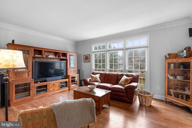 living room with crown molding and hardwood / wood-style floors