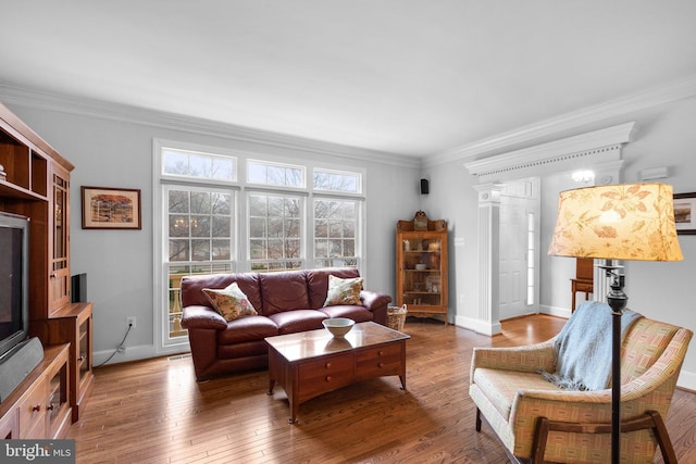 living room with wood-type flooring and crown molding