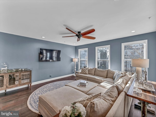 living room featuring ceiling fan and dark hardwood / wood-style flooring