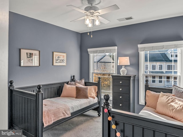 bedroom featuring carpet flooring and ceiling fan