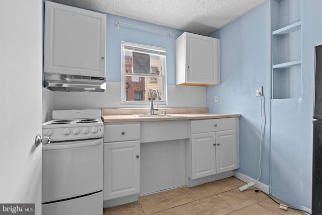 kitchen with exhaust hood, white range, sink, a textured ceiling, and white cabinetry